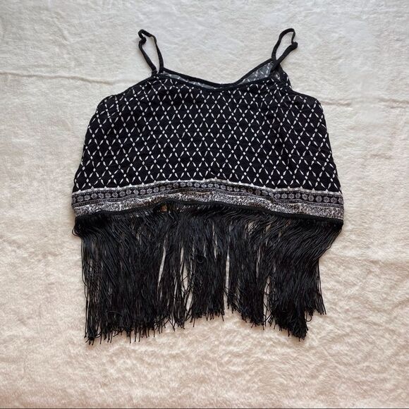 H&M Coachella Black and White Cropped Tank with Fringed Bottom Size 14 - Picture 2 of 10